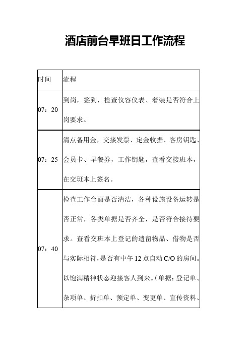 宾馆酒店前台早班日工作流程