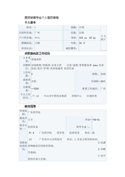 医药贸易专业个人简历表格_个人简历表格