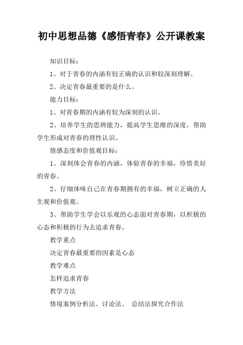 初中思想品德《感悟青春》公开课教案