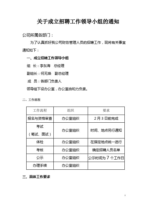 关于成立招聘工作领导小组的通1