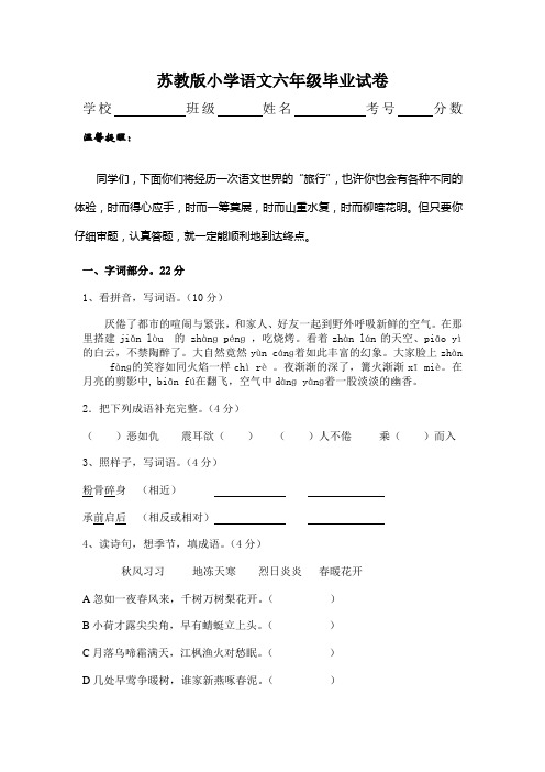 苏教版小学语文六年级毕业试卷