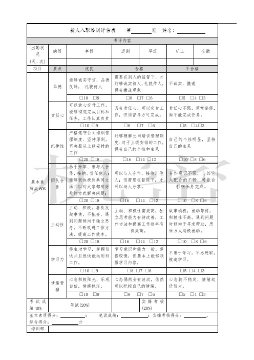 新人入职培训评估表
