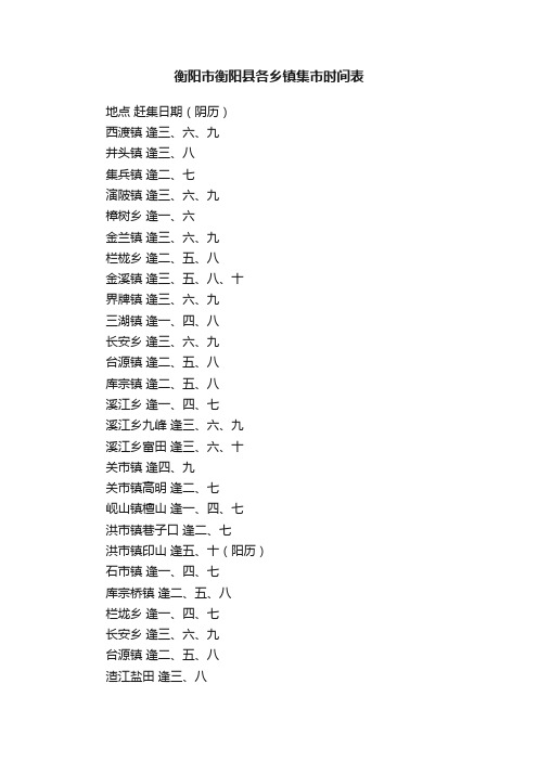 衡阳市衡阳县各乡镇集市时间表