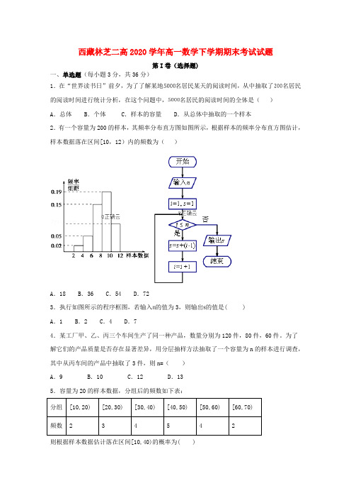 西藏林芝二高2020学年高一数学下学期期末考试试题