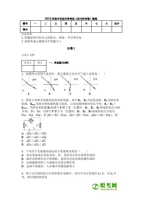 2012年初中毕业升学考试(四川泸州卷)物理