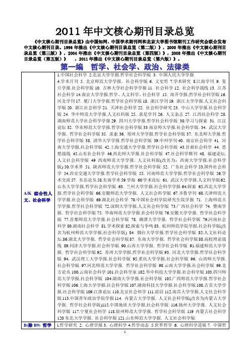 2011年中文核心期刊目录总览