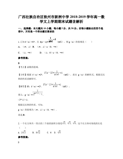 广西壮族自治区钦州市新洲中学2018-2019学年高一数学文上学期期末试题含解析
