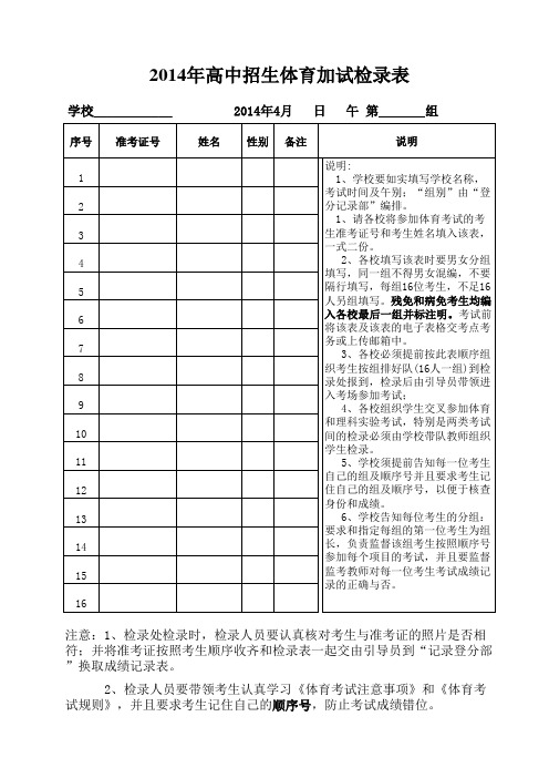 2014年高中招生体育加试检录表