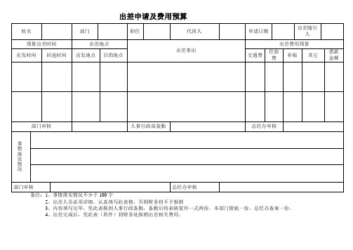 出差申请及费用预算
