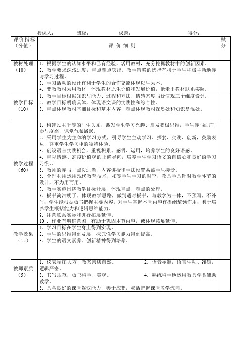 小学语文竞赛课评分标准