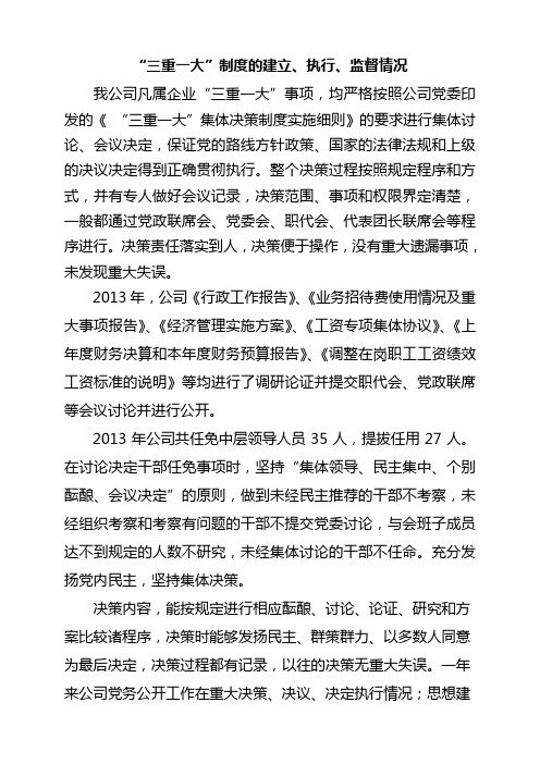 2013年公司“三重一大”制度的建立、执行、监督情况