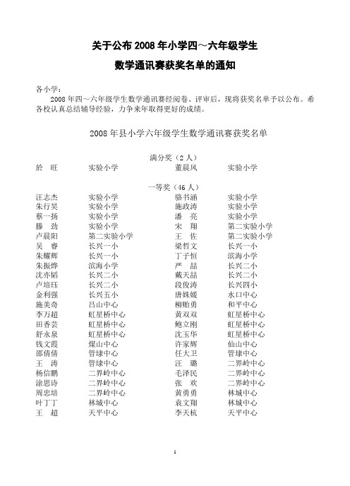 关于公布2008年小学四六年级学生