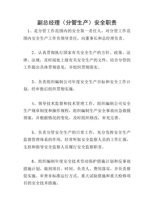副总经理(分管生产)安全职责