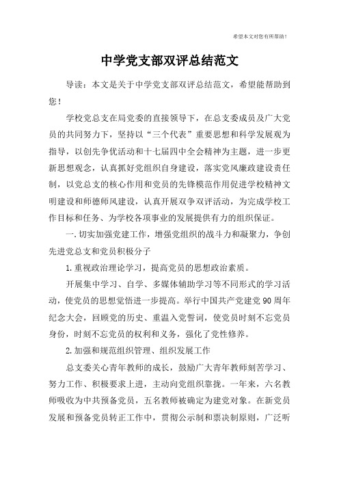 中学党支部双评总结范文
