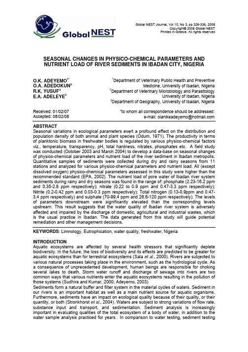 Seasonal changes in physico-chemical parameters and nutrient load of river sediments in Ibadan city
