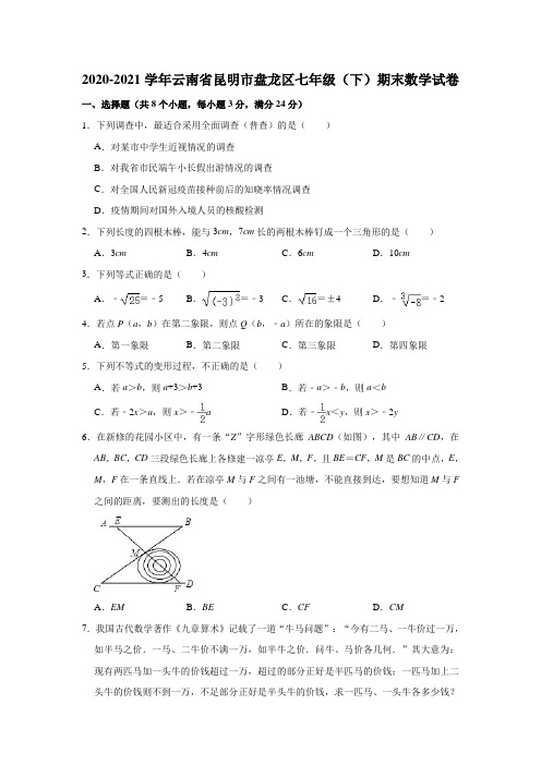 2020-2021学年云南省昆明市盘龙区七年级(下)期末数学试卷(解析版)