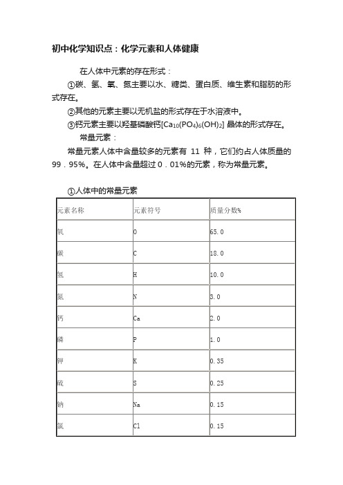 初中化学知识点：化学元素和人体健康