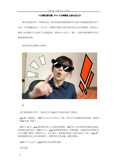 十大网红排行榜2016十大网络红人你认识几个