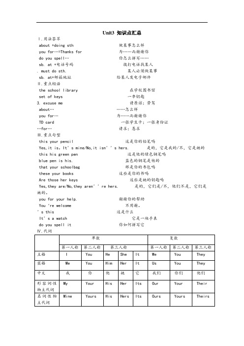 人教版七年级英语上册Unit3短语、句型、知识点总结