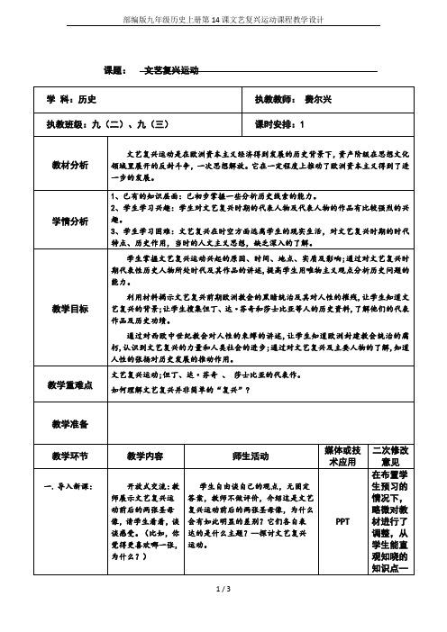 部编版九年级历史上册第14课文艺复兴运动课程教学设计