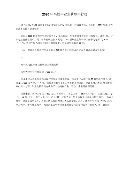 2020年高校毕业生薪酬排行榜