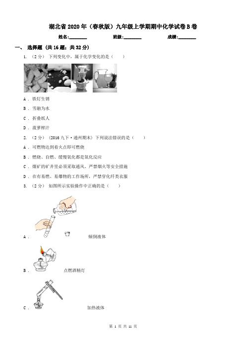 湖北省2020年(春秋版)九年级上学期期中化学试卷B卷