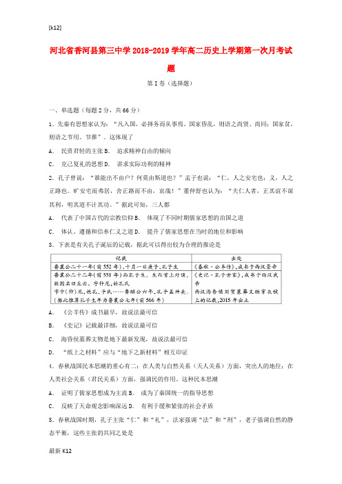 [推荐学习]河北省香河县第三中学2018—2019学年高二历史上学期第一次月考试题