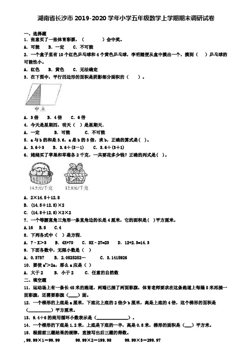 湖南省长沙市2019-2020学年小学五年级数学上学期期末调研试卷