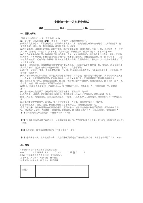 安徽初一初中语文期中考试带答案解析
