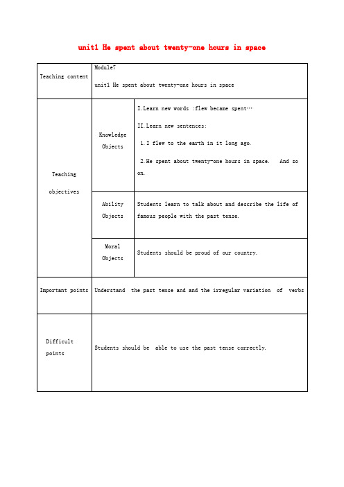 六年级英语下册 Module 7 Unit 1《He spent about twenty-one hours in space》教案 外研版(三起)