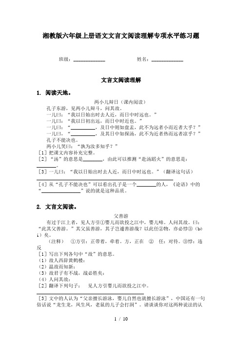 湘教版六年级上册语文文言文阅读理解专项水平练习题