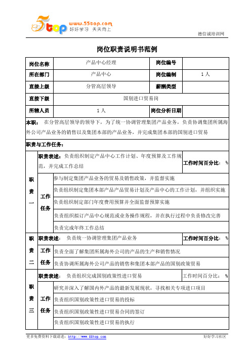 产品中心经理岗位职责说明书