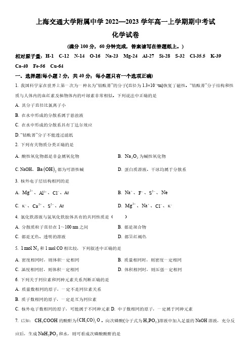 2022-2023学年上海交通大学附属中学高一上学期期中考试化学试卷含详解