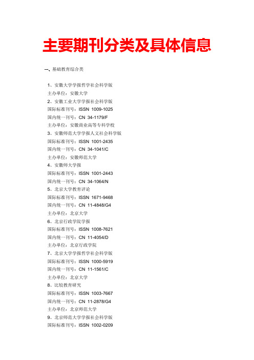 主要期刊分类及具体信息