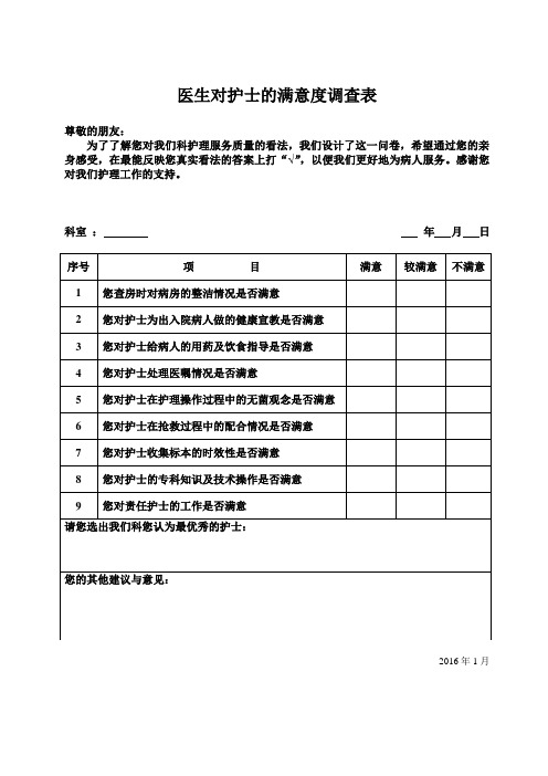 医生对护士的满意度调查表