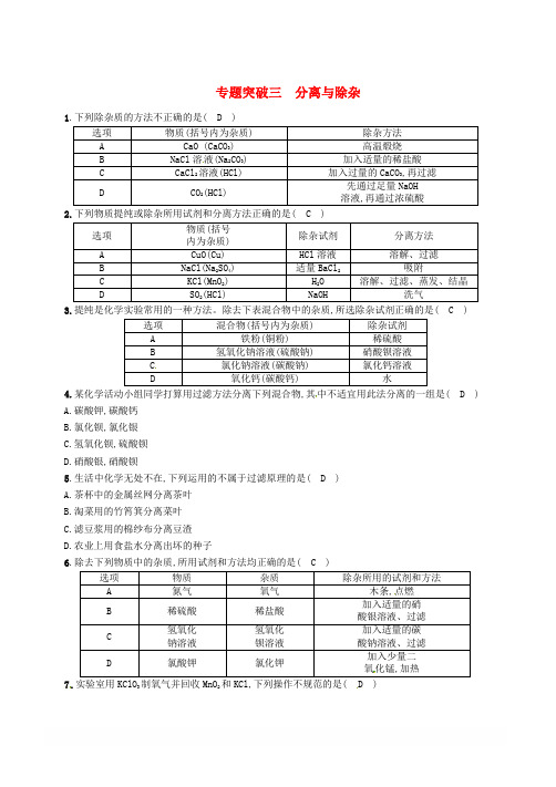 (百色专版)2019届中考化学复习第2编重点专题突破篇专题突破3分离与除杂(精练)练习