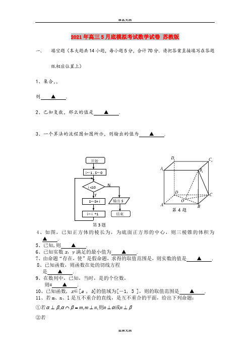 2021年高三5月底模拟考试数学试卷 苏教版