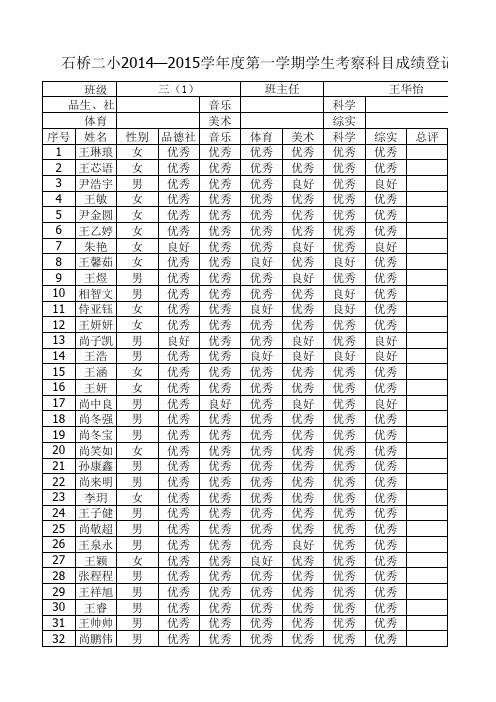 三年级考察科目成绩登记表