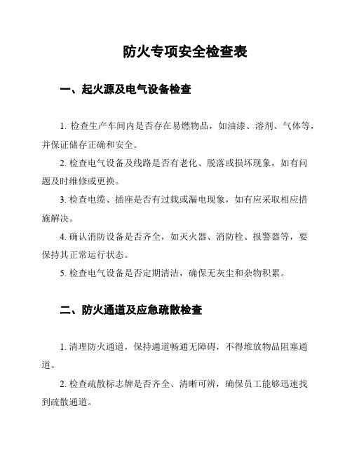 防火专项安全检查表