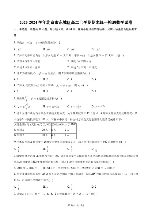 2023-2024学年北京市东城区高二上学期期末统一检测数学试卷+答案解析