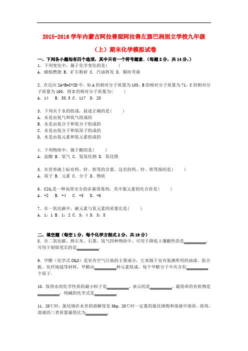 内蒙古阿拉善盟阿拉善左旗巴润别立学校九年级化学上学期期末模拟试题(含解析) 新人教版