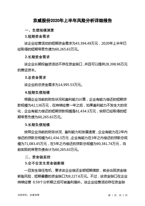 京威股份2020年上半年财务风险分析详细报告