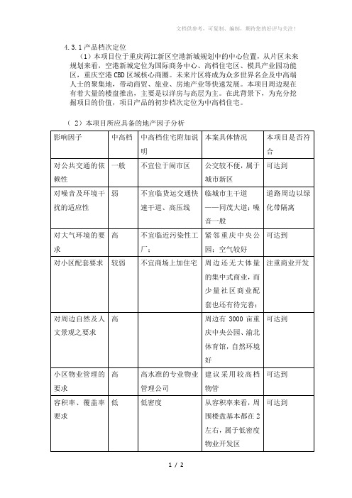 重庆某房地产开发项目档次定位说明