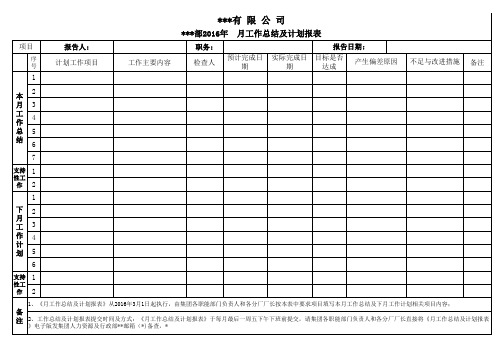 月度工作总结及计划报表样表