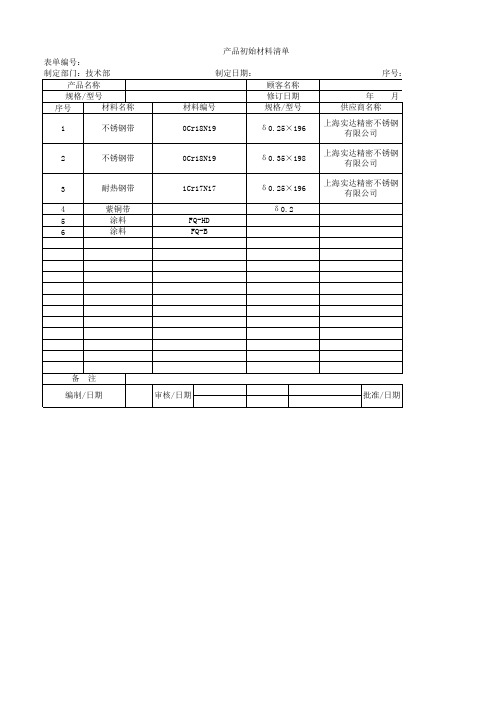 产品初始材料清单表格(设计)