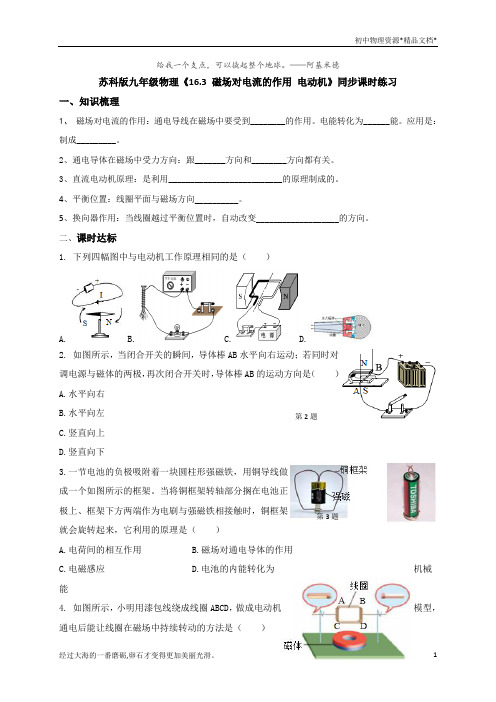 16.3磁场对电流的作业 电动机—苏科版九年级物理下册同步课时作业