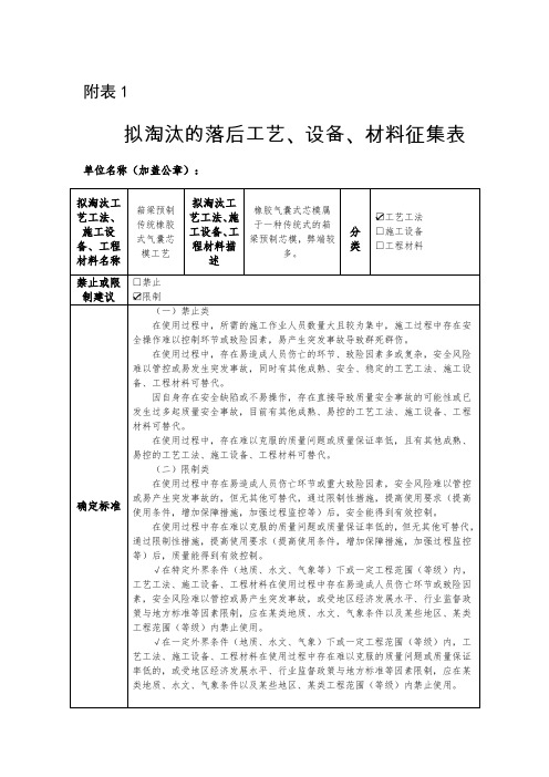 3.拟淘汰的落后工艺、设备、材料征集表(箱梁预制传统橡胶式气囊芯模工艺)