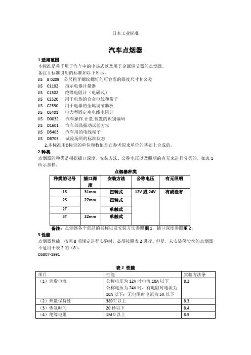 日本工业标准汽车点烟器解读