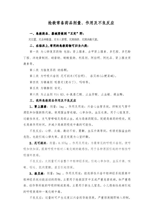 儿科抢救车常备药品剂量、作用及不良反应
