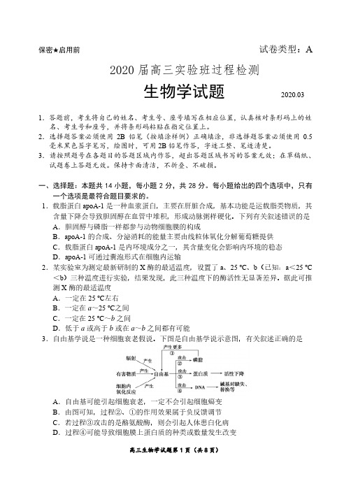 山东省日照市2020届高三3月实验班过程检测生物试题(PDF版)